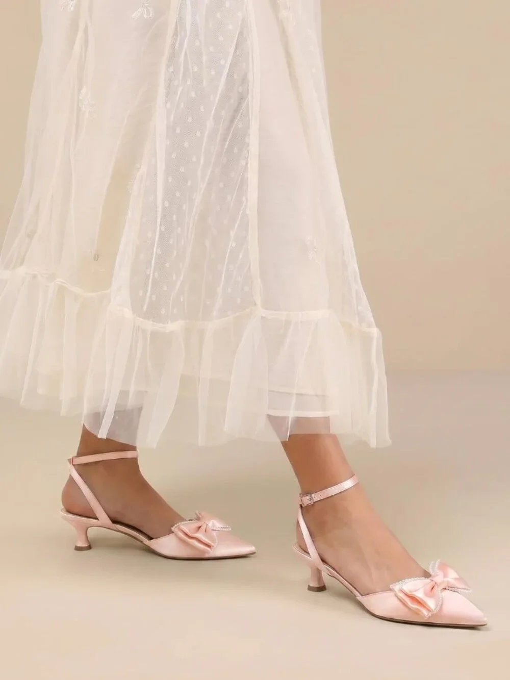 Women's Pink Satin Kitten Low Heels Bow Pearl Closed Pointed Toe Ankle Strap